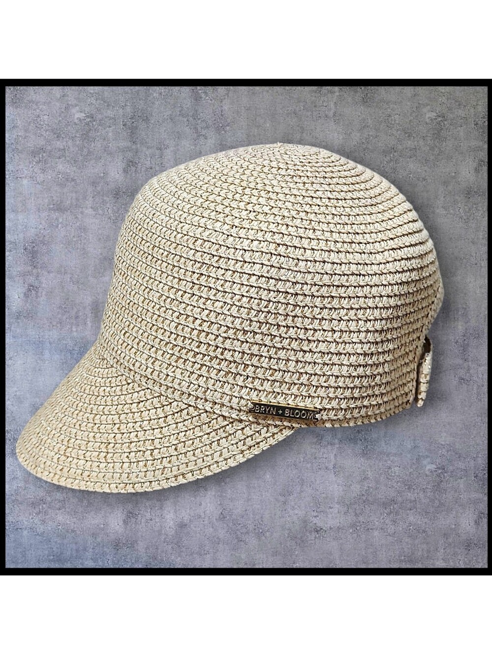 Bryn + Bloom Woven Newsboy Visor Baseball Cap Style Hat Cream Tan Metallic Gold